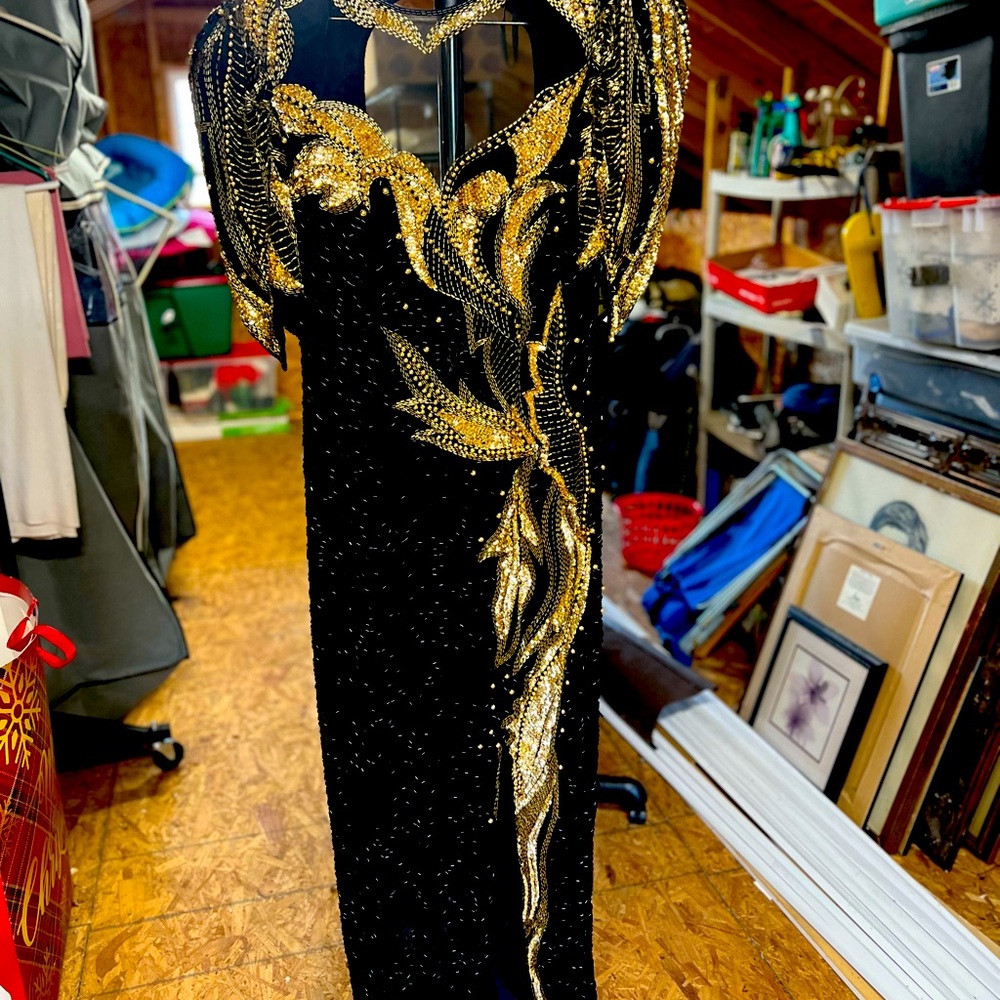 Black evening dress with beading in gold and black. Perfect for Mardi Gras.